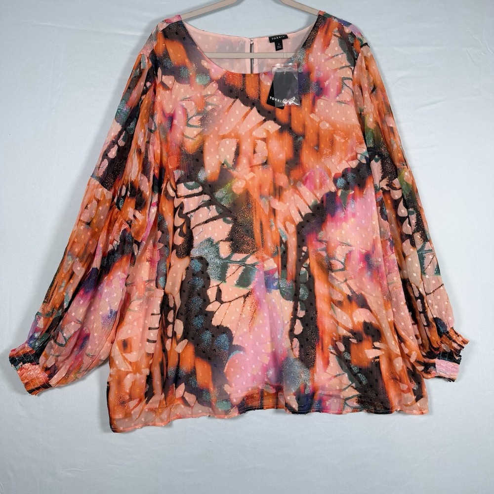 Torrid‎ Size-4 Women Blouse Orange Floral Butterfly Chiffon Clip Dot Long Sleeve
